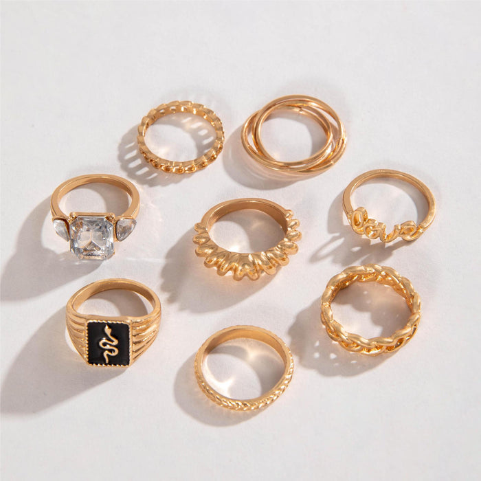 Snake and Love Ring Set - Luxury Rhinestone and Gemstone Eight-Piece Set