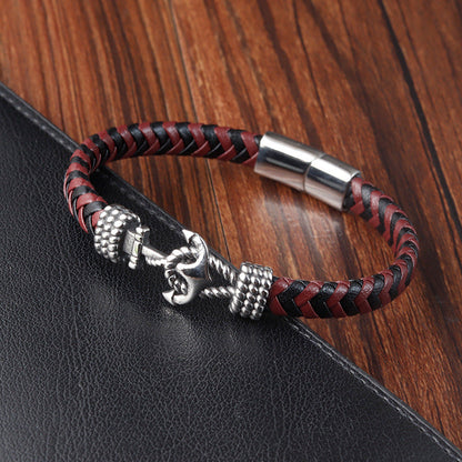 Bracelet Stainless Steel Anchor Vintage Braided Genuine Leather - wallojewerly 