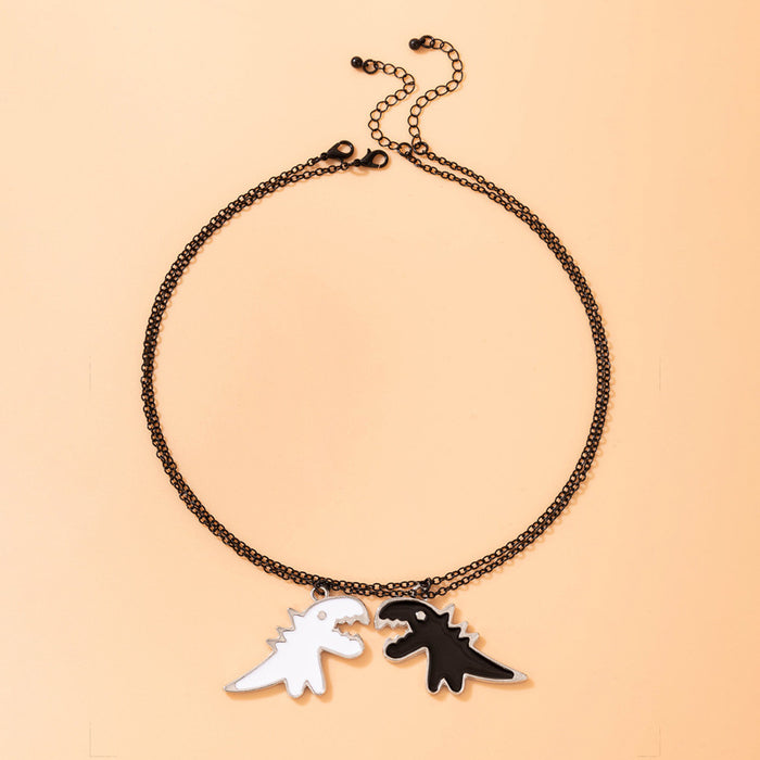 Black and White Dinosaur Couple Necklace with Irregular Animal Double Layer Design