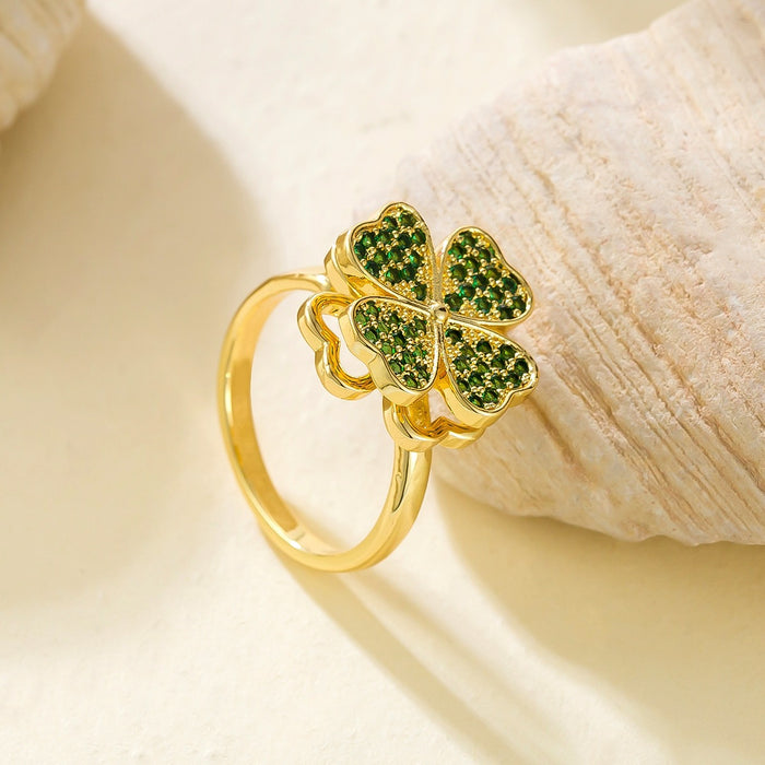 Wholesale copper micro-set zircon green diamond heart four-leaf clover rotating open ring