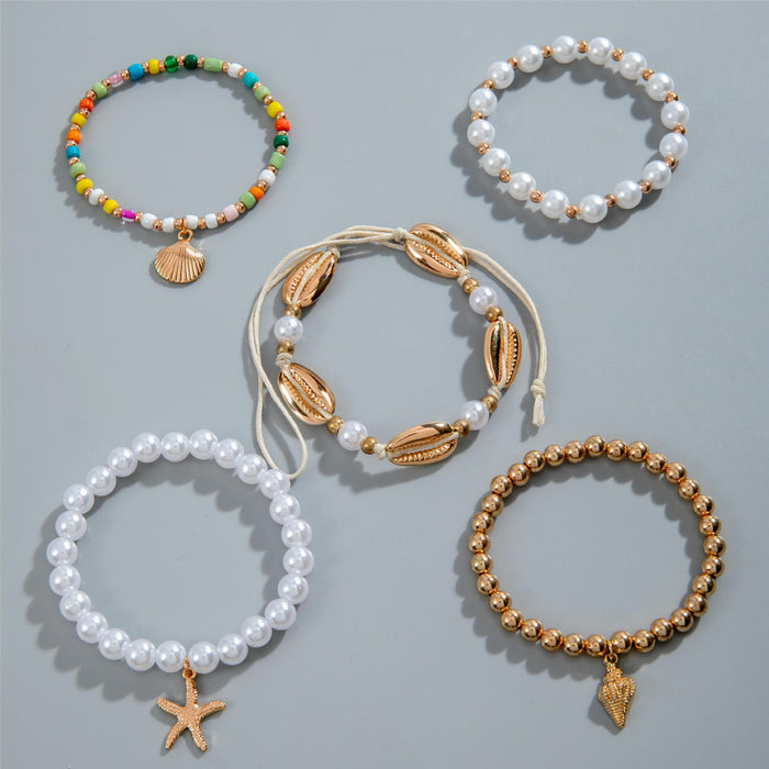 Beach Starfish and Pearl Bracelet Set - Bohemian Five-Piece Jewelry