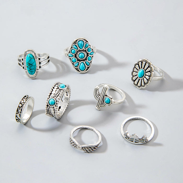 Ethnic Vintage Turquoise Ring Set - 8pcs Oval Geometric Knuckle Rings