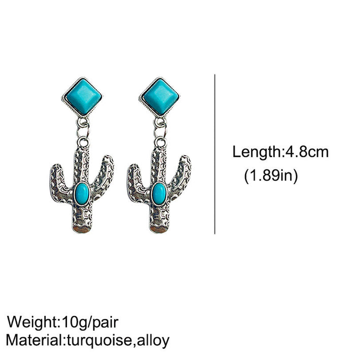 Bohemian Ethnic Turquoise Cactus Earrings with Vintage Texture