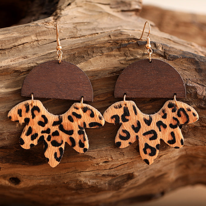 Wooden Leaf Leopard Earrings