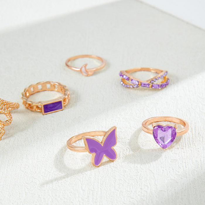 Purple Butterfly and Snake Ring Set - Fashionable 7-Piece Vintage Rings