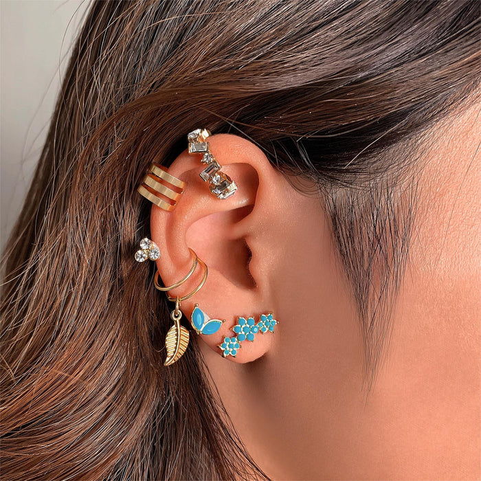 Leaf and flower earrings with diamonds U-shaped ear bone clip earrings