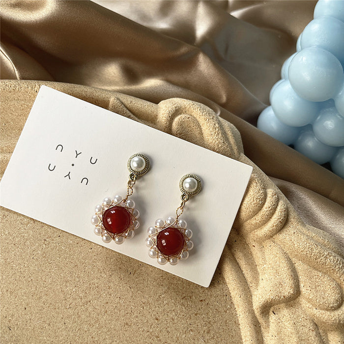 Pearl red agate earrings Baroque retro court style earrings