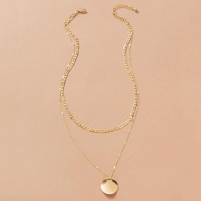 Alloy Round Disc Double Layer Necklace with Geometric Chain Multi-Layer Design