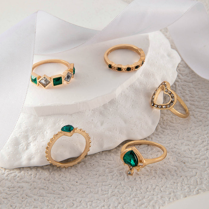 Luxury Emerald Heart Rhinestone Ring Set - Simple Five-Piece Set for Women