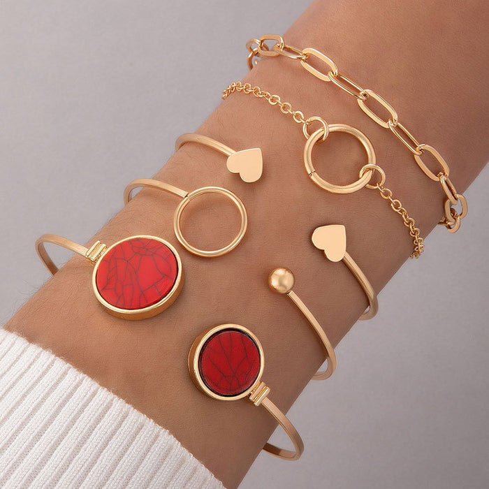 Conjunto de pulseras con círculos y corazones retro: brazalete geométrico de cuatro piezas