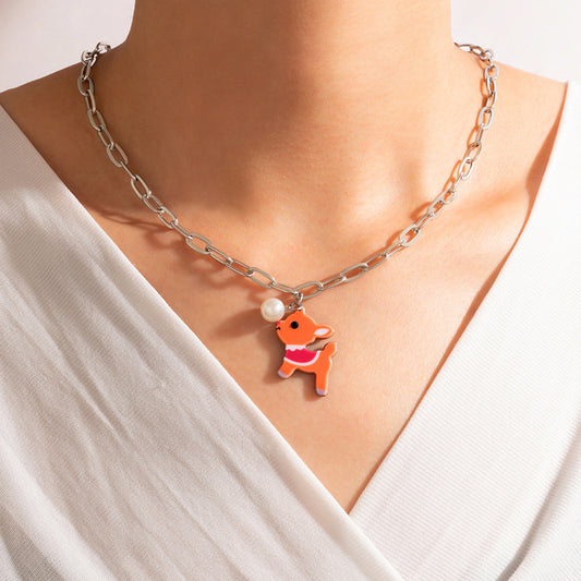 Cute Cartoon Resin Deer Single Layer Necklace with Pearl Lock Clavicle Chain