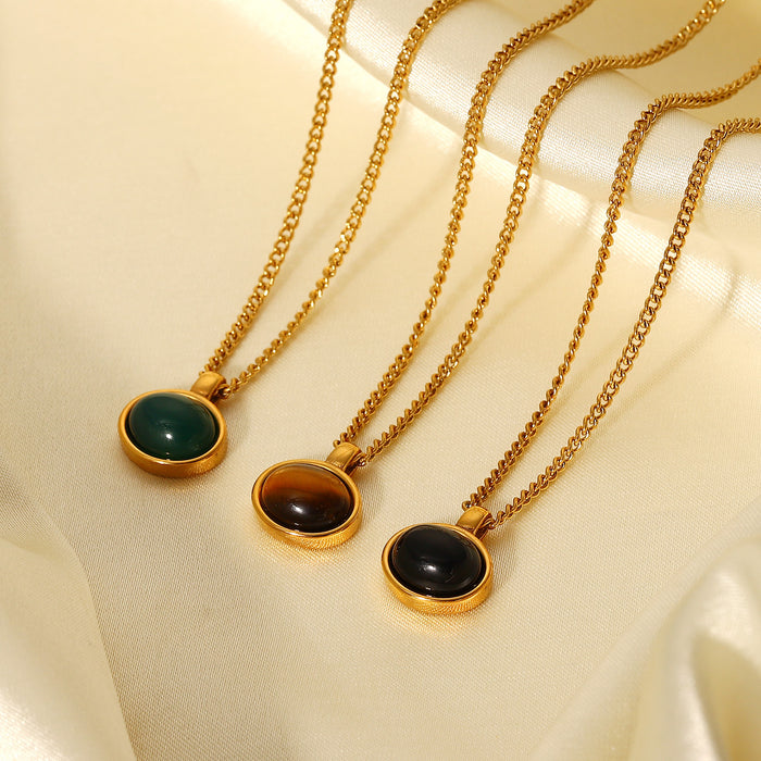 Vintage Oval Natural Stone Pendant Necklace - 18K Gold-Plated Stainless Steel Chain for a Timeless Look
