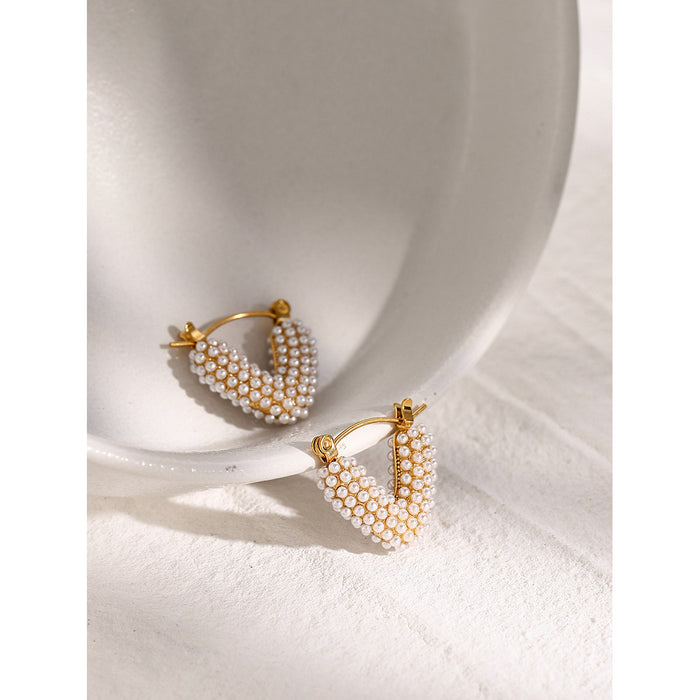 High-End 18K Gold Stainless Steel V-Shaped Pearl Earrings - Simple Fashion Titanium Steel Jewelry