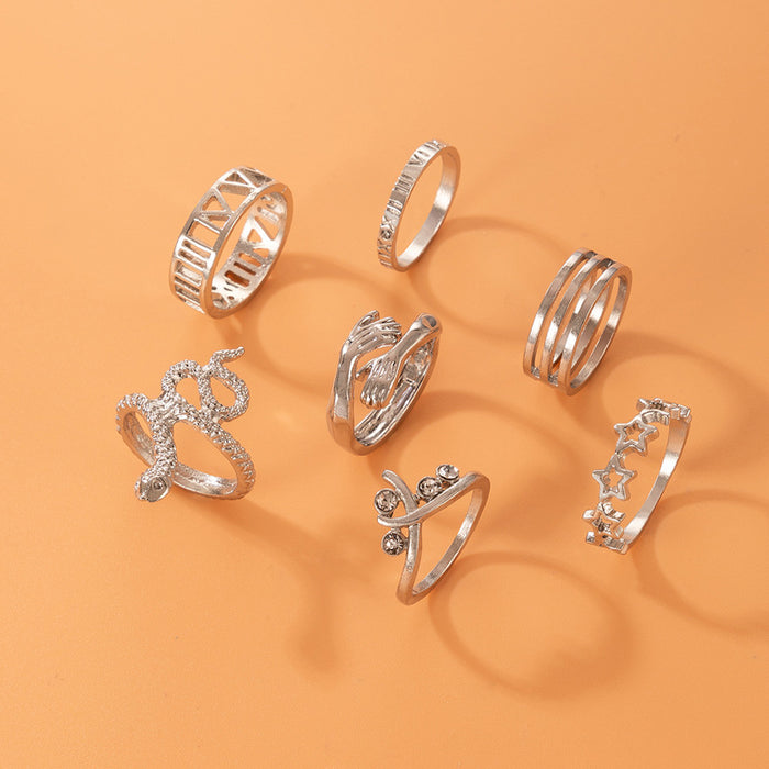 Snake-shaped hollow palm ring seven-piece set star diamond monogram