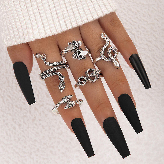 Heavy Metal Dark Series Exaggerated Butterfly Skull Snake Five-Piece Ring Set