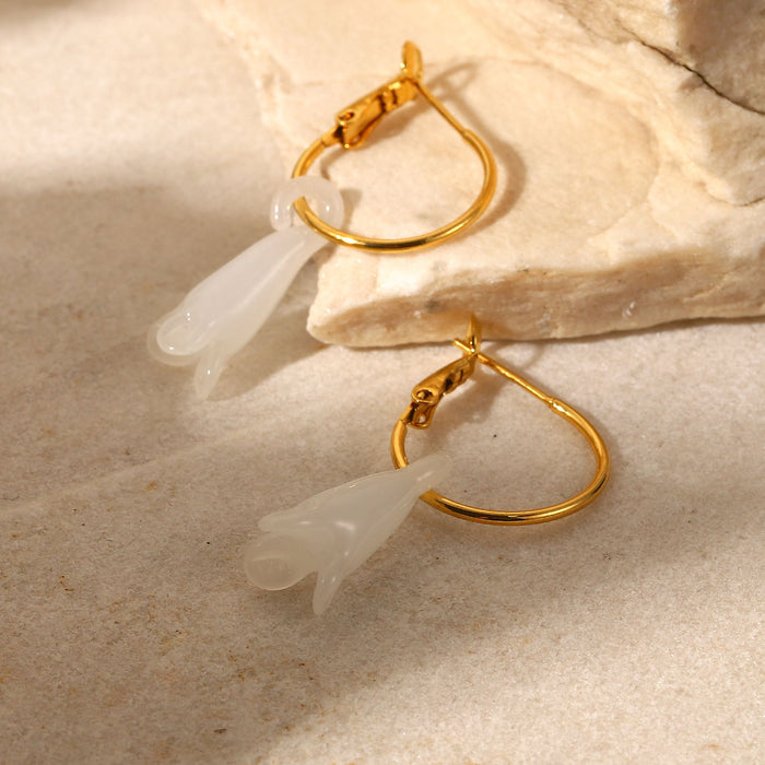 Pendientes de aro de acero inoxidable chapados en oro de 18 quilates de estilo vintage y de moda: pendientes colgantes de magnolia semipreciosa para mujer