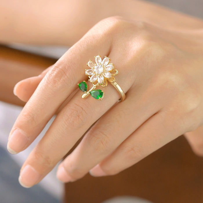 Wholesale sunflower-shaped rotating open ring with zircon setting