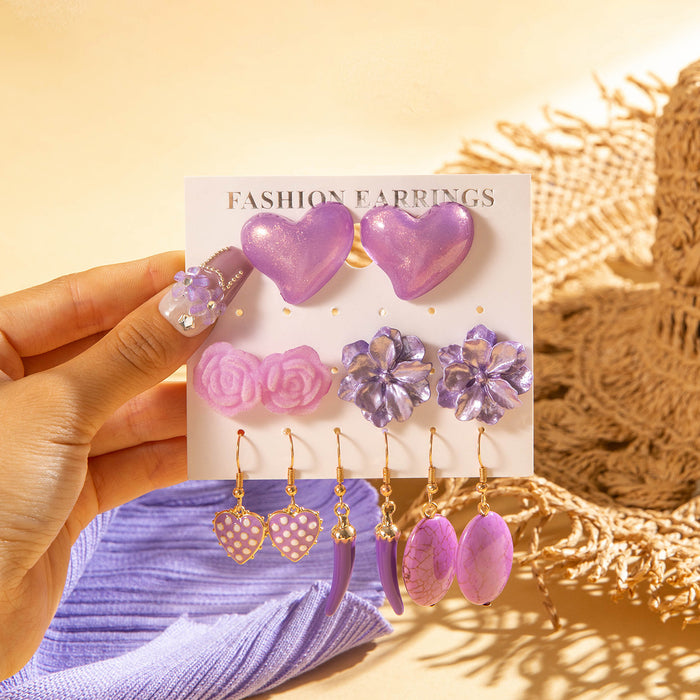 Pendientes de flores de corazón morado y conjunto de pendientes de camelia fresca