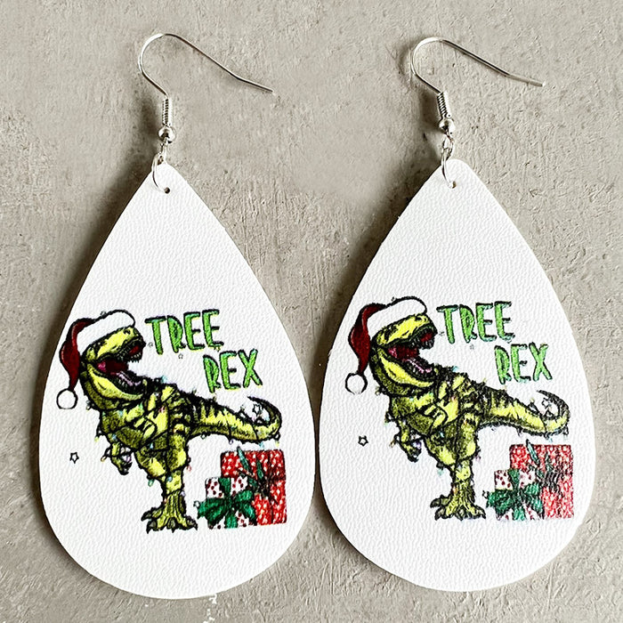 Christmas Leopard Print and Dino Text Teardrop Leather Earrings