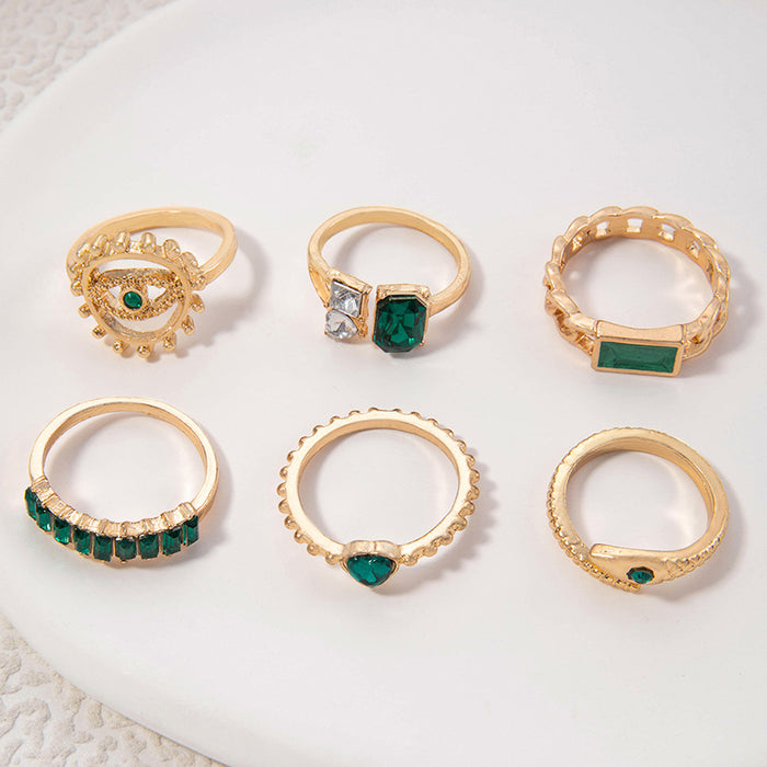 Retro Faux Emerald Rhinestone Ring Set - Snake Eye Six-Piece Set for Women