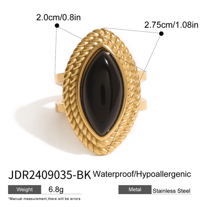 Anillo abierto de ónix negro de acero inoxidable chapado en oro de 18k
