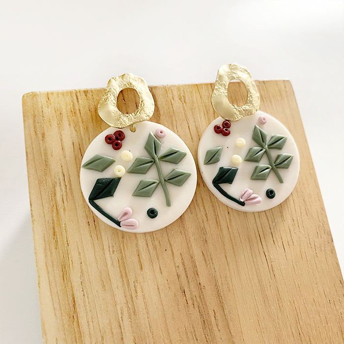 Elegant Geometric Floral Clay Earrings - Handcrafted with Delicate Detailing