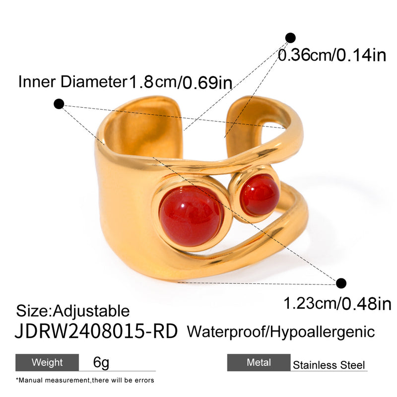Anillo abierto de ágata roja de acero inoxidable