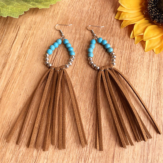 Western Style Turquoise Bead Earrings with Leather Design