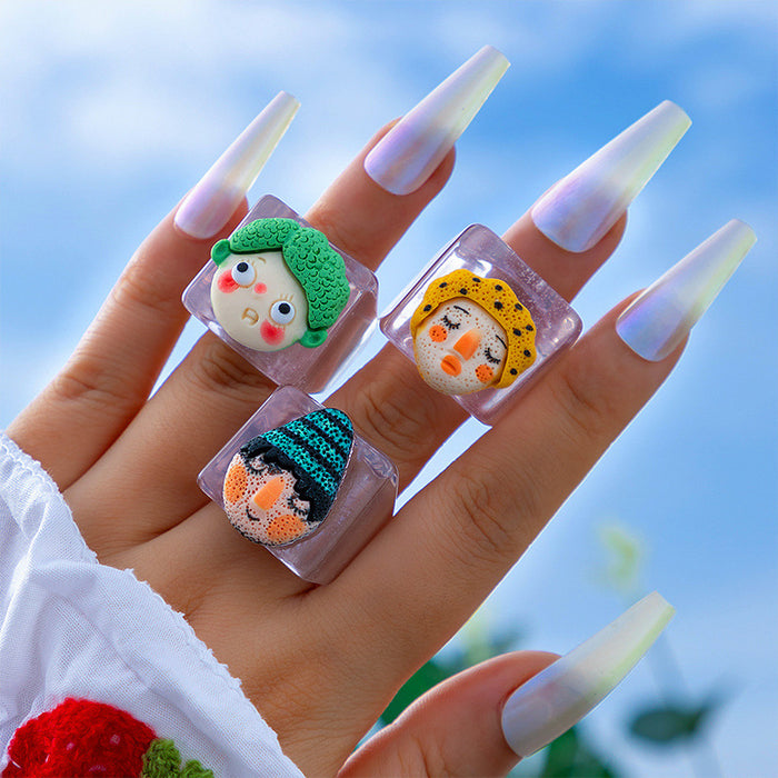 Colorful resin clown ring five-piece acrylic cartoon doll combination