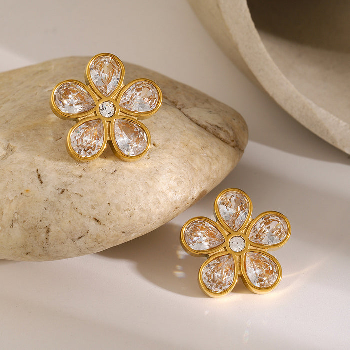 18K Gold Stainless Steel Zircon Flower Earrings - Minimalist High-End Titanium Steel Jewelry