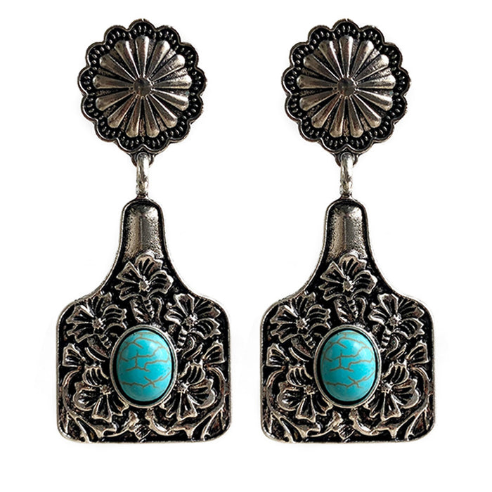 Vintage Floral Bull Tag and Pumpkin Flower Earrings with Turquoise and Alloy Design - wallojewerly 