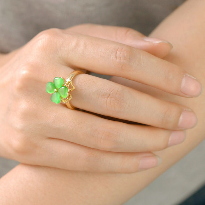 Wholesale green cat's eye four-leaf clover rotating opening ring