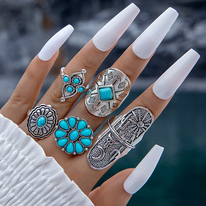 Vintage Totem Flower Turquoise Ring Set - 5pcs Unique Knuckle Rings