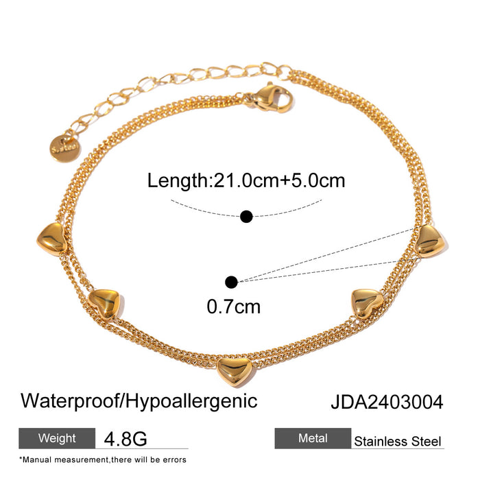 16K Gold Plated Stainless Steel Double Layer Heart Pendant Anklet - 2024 Summer Jewelry