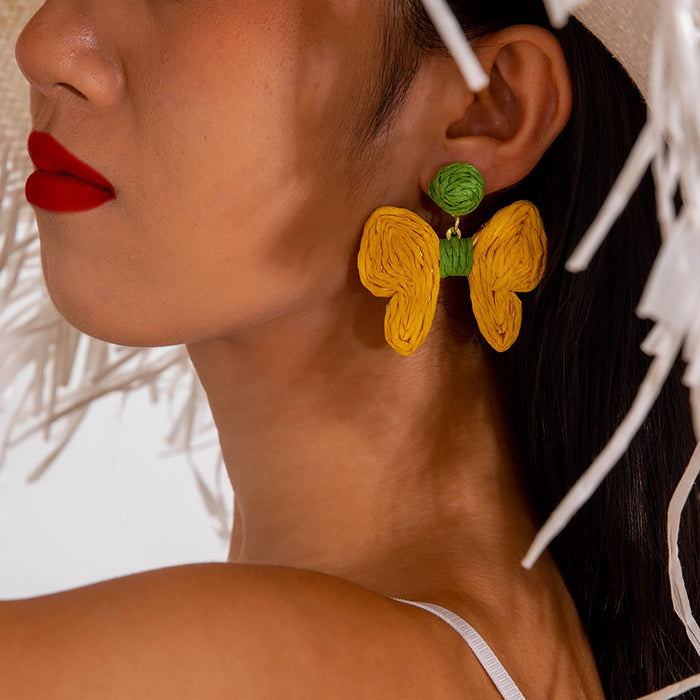 Bohemian woven raffia large flower earrings colorful pineapple holiday style earrings