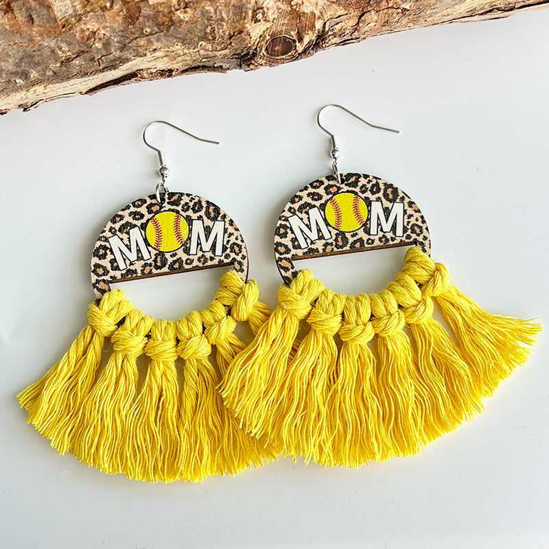 Mother's Day Bohemian Woven Tassel Earrings for Sports Moms, Featuring Baseball and Basketball Designs