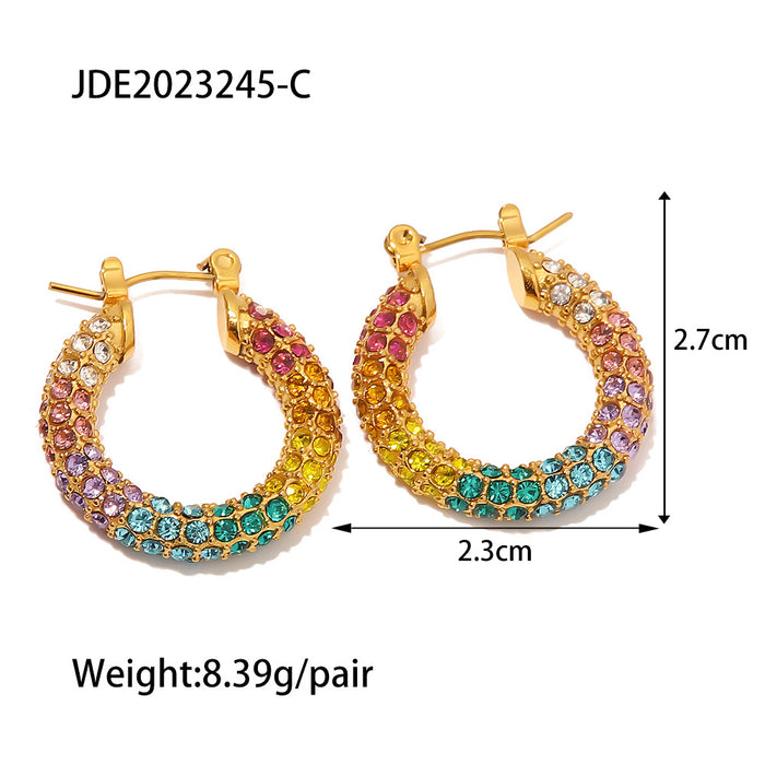 18K Gold Plated Stainless Steel C-Shape Earrings - Asymmetrical Design with Zircon Inlay