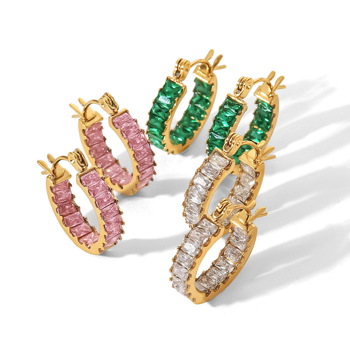Cross-Border Emerald Titanium Steel Hoop Earrings - Vintage High-End Jewelry for Women - wallojewerly 