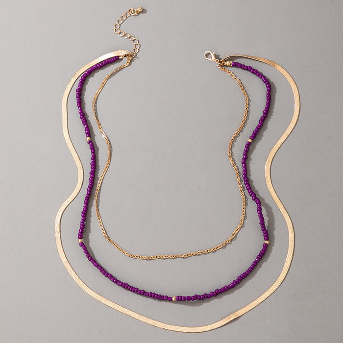 Purple Beaded Triple-Layer Necklace - Geometric Chain Multilayer Choker