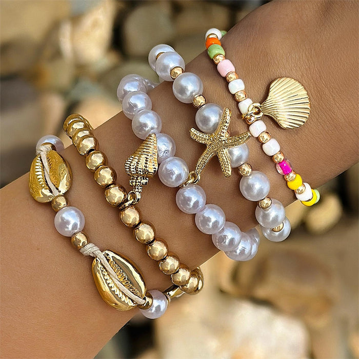 Beach Starfish and Pearl Bracelet Set - Bohemian Five-Piece Jewelry