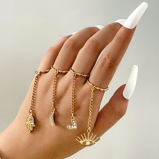 Geometric Moon and Heart Hand Chain Set - Rhinestone Decorated Four-Piece Ring Set for Women