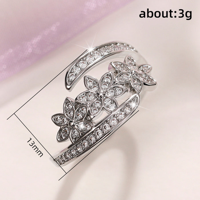 Anillo de circonita con flores ajustable con incrustaciones de cobre para mujer