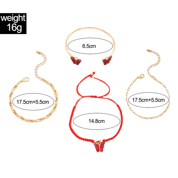 Red Rope Butterfly Bracelet Set - Four-Piece Chain Jewelry for Women