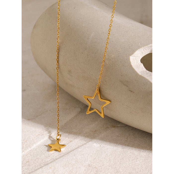 18K Gold-Plated Stainless Steel Y-Chain Necklace with Star Pendants - Simple Titanium Steel Jewelry for Women