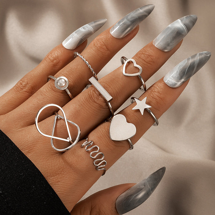 Thin Line Heart Pentagram 8-piece Geometric Ring