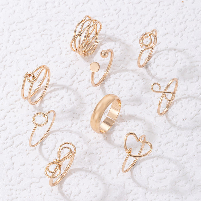 Heart bow nine-piece ring set simple geometric plain ring combination