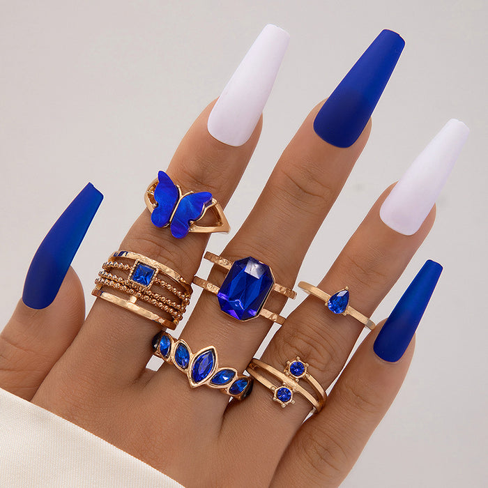 Vintage blue stacking diamond snake-shaped double heart seven-piece ring set