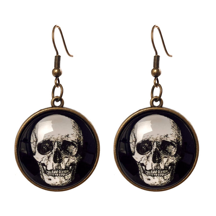 Vintage Glass Earrings with Crow, Black Cat, and Skull for Halloween