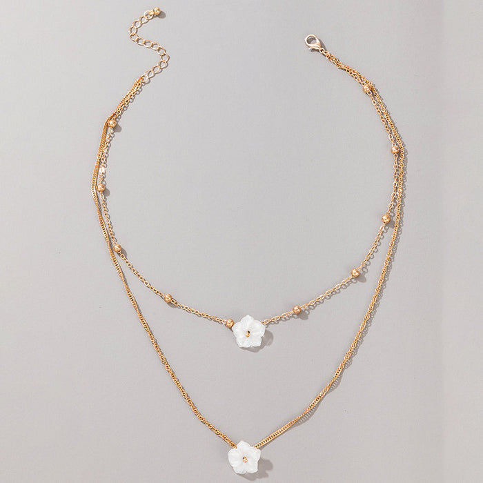 Minimalist White Flower Bead Necklace - Elegant Double-Layer Acrylic Choker