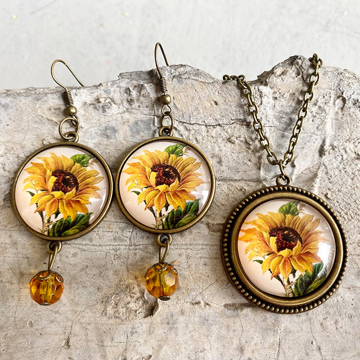 Vintage Sunflower Jewelry Set with Time Gemstone Necklace and Earrings - Bohemian Style